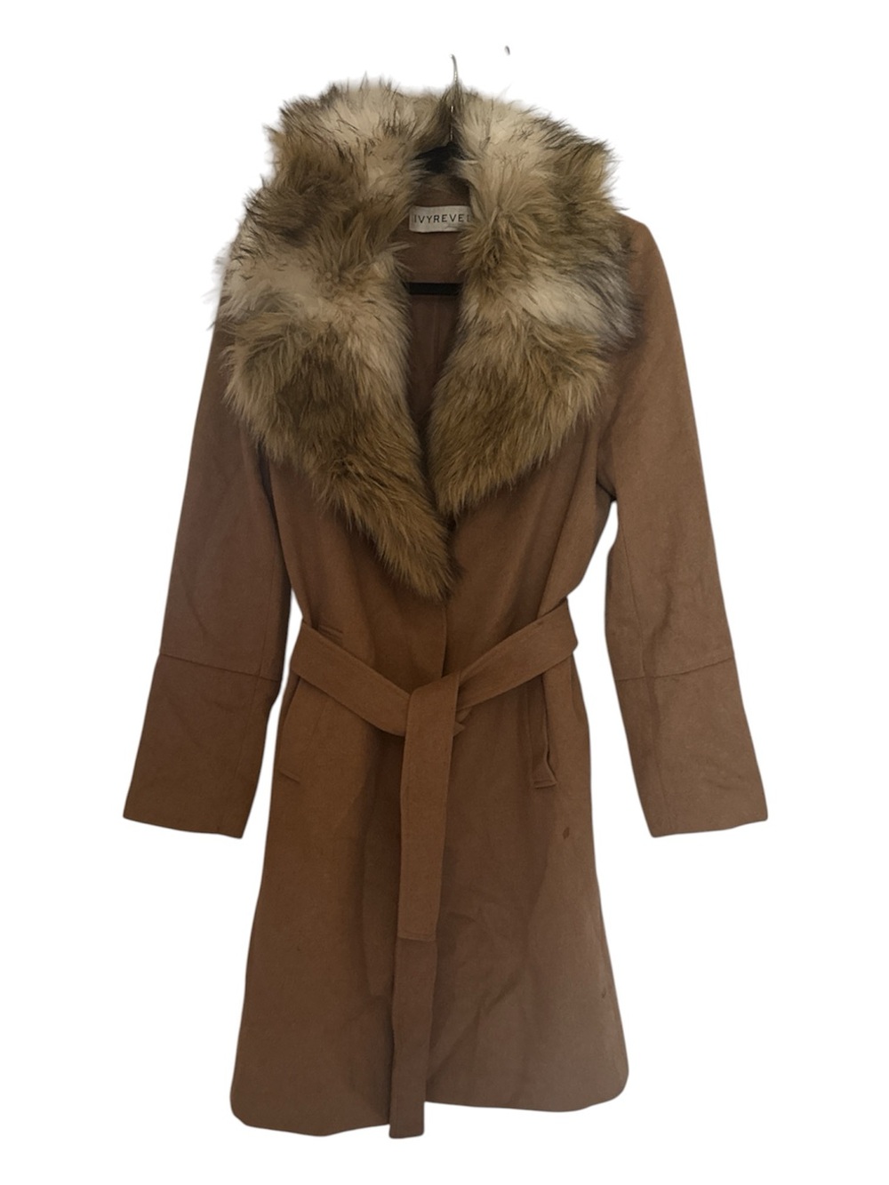 Tan Belted Trench Coat with Faux-Fur Collar